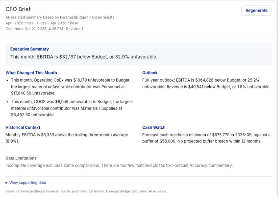 ForecastBridge CFO Brief with executive summary, monthly changes, outlook, historical context, cash watch, and data limitations using Live QA test data