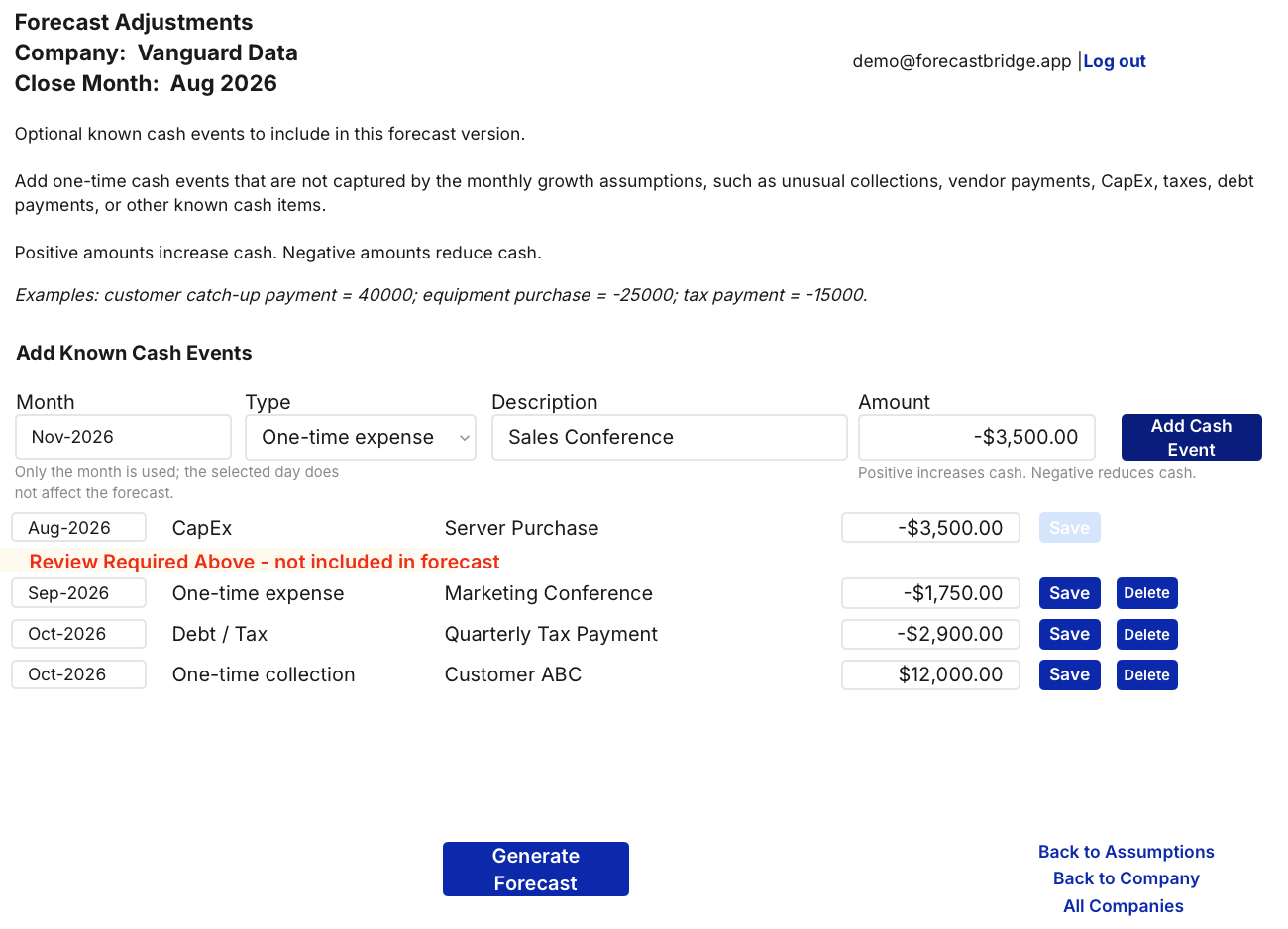 ForecastBridge known cash events entry screen